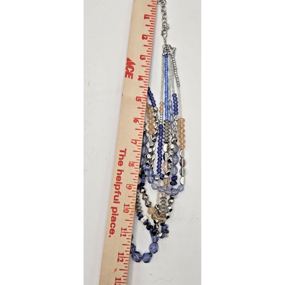 Layered Blue Silver-tone Clear Pale Peach Beaded Chunky Boho Adjustable Necklace - Picture 12 of 12